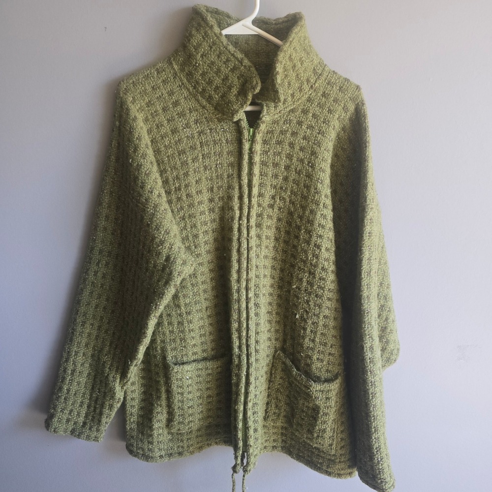 Ecuadorian‎ Handknit Women's Sweater/Jacket Full Zip Green Boho Size L Chunky